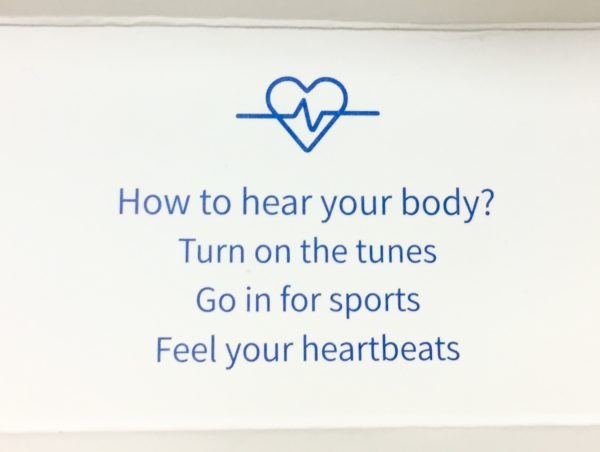 Some text from the box: "How to hear your body? Turn on the tunes, Go in for sports, Feel your heartbeats"