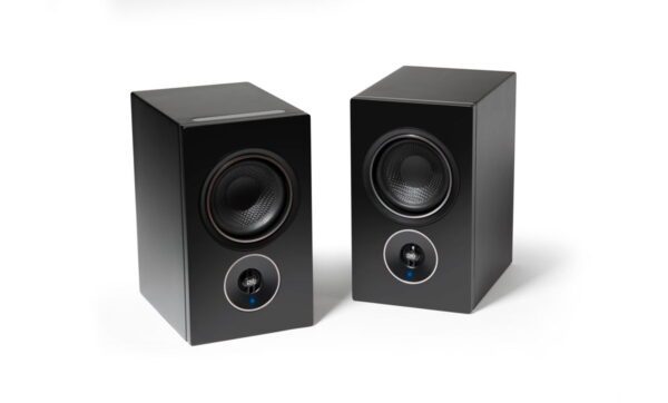Pair of black Alpha iQ speakers from above.